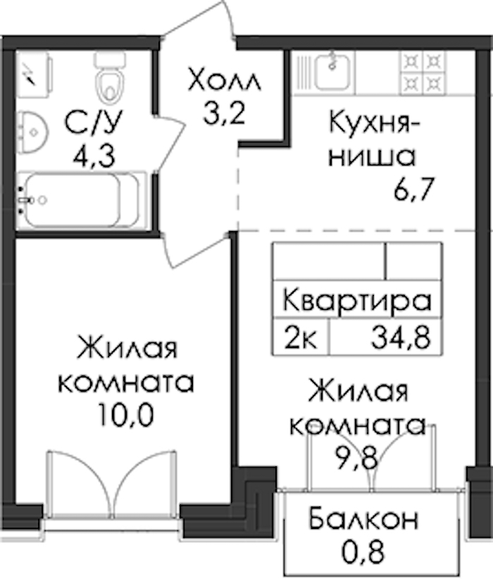 1-комнатная квартира 34.8 м², 6/9 эт., ЖК «Лермонтовский 54»